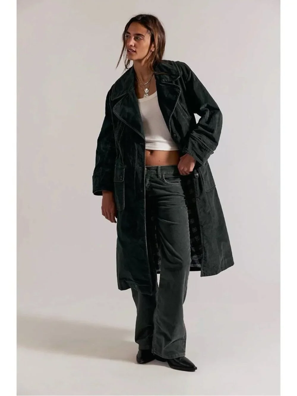 Free People Retro 70s Fox Cord Corduroy Duster Trench Coat Dark Charcoal Large